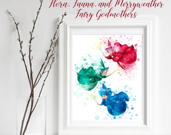 Princess Aurora's fairy Godmothers, Sleeping Beauty Fairy Godmothers Flora, Fauna & Merryweather Nursery, Wall Art Watercolor Digital Print