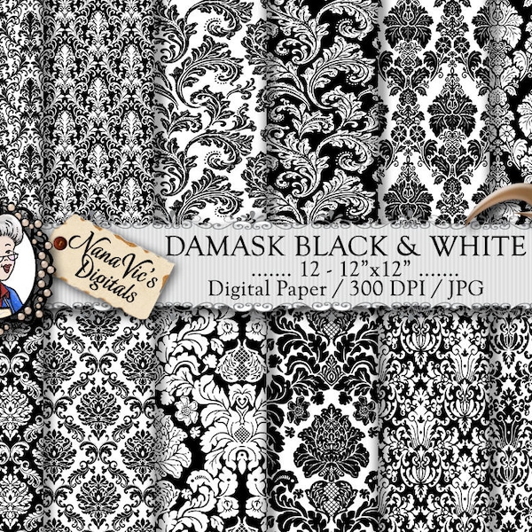 Damask Digital Paper, Black & White seamless wedding backgrounds, Damask texture, Scrapbooking  photography damask back drop, Damask pattern