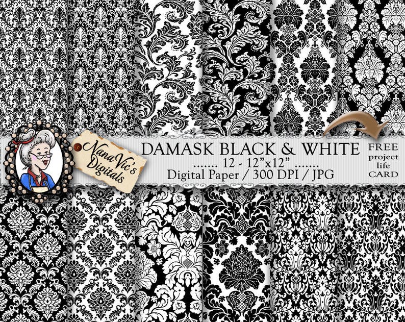 Damask Digital Paper Black & White Seamless Wedding Etsy Australia