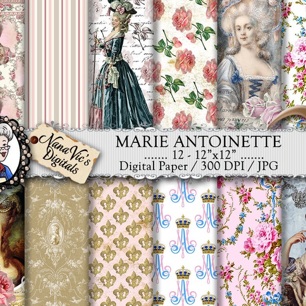 Marie Antoinette Digital Papers:  shabby chic vintage collage sheet, Queen of France toile patterns, journal Scrapbooking paper, Photography
