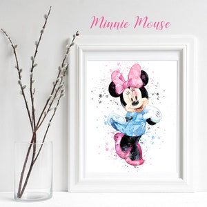 MINNIE MOUSE, Minnie Print, Minnie blue dress pink bow and shoes Watercolor, Nursery Watercolor, Girl decor Poster, Digital Print