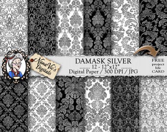 Damask Digital Paper, Silver seamless wedding backgrounds, Damask texture, Scrapbooking  photography damask back drop, Damask pattern