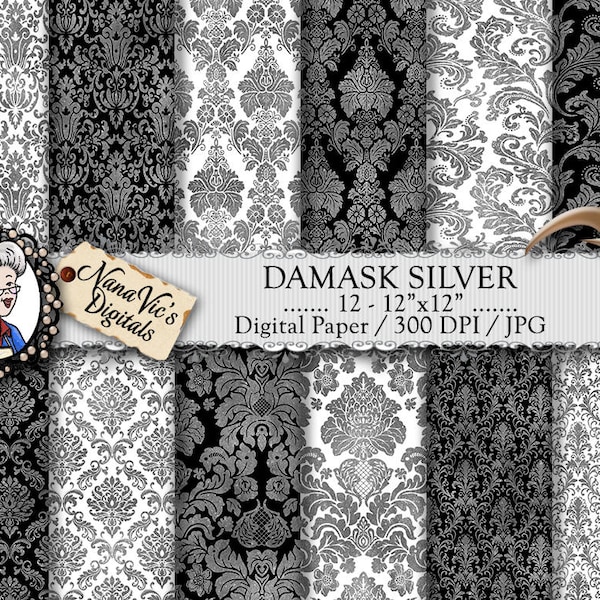 Damask Digital Paper, Silver seamless wedding backgrounds, Damask texture, Scrapbooking  photography damask back drop, Damask pattern