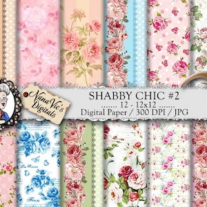 Carta digitale Shabby Chic: Rose, Vittoriano, Vintage, Gessato, Sfondi Scrapbooking Stampabile Shabby Chic Blu / Verde / Rosa / Pesca