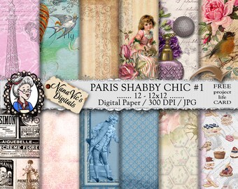 Paris Digital Paper Pack, Parisian Shabby Chic, Paris, Vintage French, Love & Romantic Backgrounds, Scrapbooking Printable, Eiffel Tower