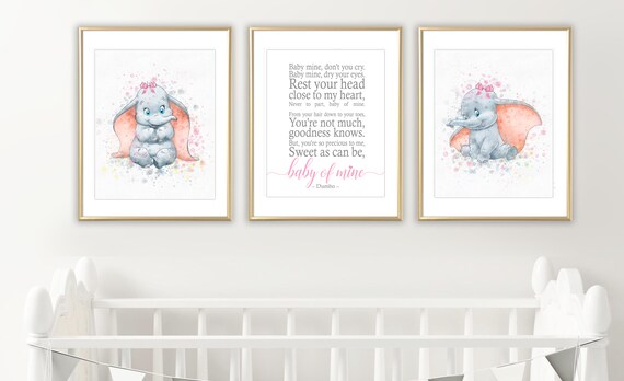 Dumbo 3 Pink Print Newborn Nursery Girl Decor Elephant Watercolor Printable Download Dumbo Poster Disney Wall Art Decor Dumbo Baby Wall Art