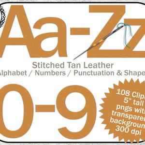 Stitched Leather Alphabet Clipart: Digital Leather Alphabet Clip Art, Leather Letters, Tan Leather, Leather Numbers, Scrapbooking, Bold Font