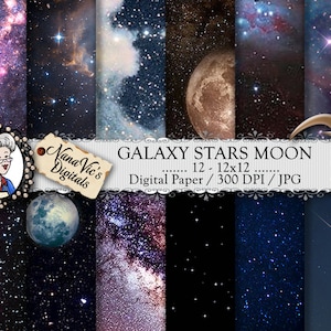 Galaxy Stars Moon Digitaal Papier / Overlay, Sparkle Glitter Hemels Digitaal Papier, Shooting Star, Scrapbooking, Nachthemel Foto Achtergrond