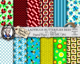 Digital Paper: Insects - Ladybug Butterfly Bee, honeycomb & flowers, colourful textures, Scrapbooking Printable, fun photography back drops