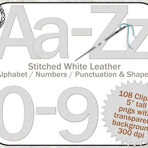 Genähtes Leder Alphabet Clipart: Leder Alphabet Clip Art, Leder Buchstaben, weißes Leder, Leder zahlen, Scrapbooking, Bold Font