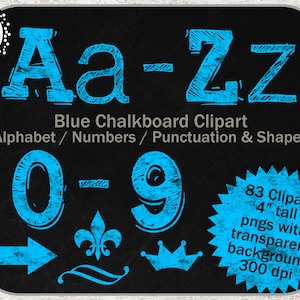 Blackboard Alphabet Clipart: Digital Chalk Alphabet Clip Art, Lettres / Chiffres à la craie bleue, Clip art à la craie Scrapbook, Police scolaire