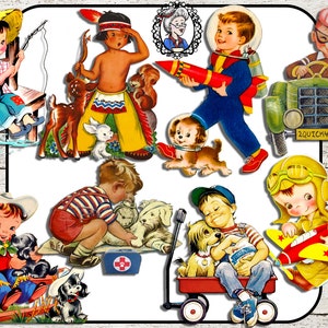Digitale Clipart: Little Boys, Vintage Ephemera Boys, Cowboy / Vissen / Honden / Piloot / Auto / Indiaan, Scrapbooking / Kaart maken - 8 PNG CU