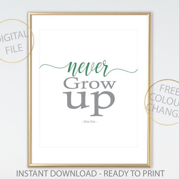 Peter Pan quote: Never Grow Up, Printable,  prints wall art, nursery word art, Nursery decor, bedroom ideas, Baby Gift