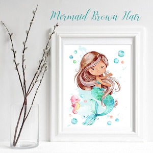 Mermaid Wall Art Decor, Girls Nursery / Bathroom Prints, Mermaid Printable, Girls Bedroom Decor, Mermaid Watercolor Print, Little Mermaid