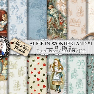 Alice in Wonderland Digital Papers 1: Printable collage sheet, toile patterns, journal Scrapbooking paper Photography back drop John Tenniel