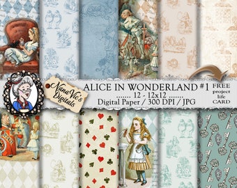 Alice in Wonderland Digital Papers 1: Printable collage sheet, toile patterns, journal Scrapbooking paper Photography back drop John Tenniel