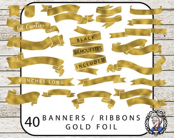 Gold Foil Banner Clipart, Cinta Clipart, Oro Lables Clip Art, Digital Banners Clipart, Digital Scrapbook Element 40 PNGs Instant Download