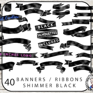 Black Foil Banner Clipart, Ribbon Clipart, Black Frames Clip Art, Digital Banners Clipart, Digital Scrapbook Element PNGs Instant Download