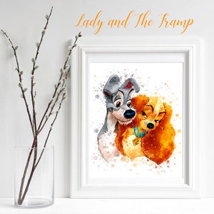 Lady and The Tramp, Dogs nursery digital Print, Puppy sublimation Watercolor Printable, Nursery, Lady and The Tramp Print, Wall Art, Animal
