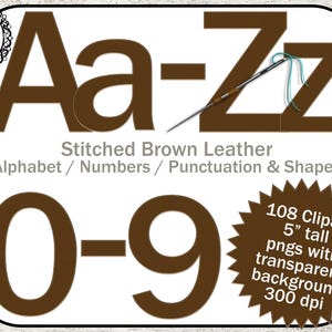 Genähte Leder Alphabet Clipart: Leder Alphabet Clip Art, Leder Buchstaben, Fettschrift, Leder Buchstaben, Leder zahlen, Scrapbooking