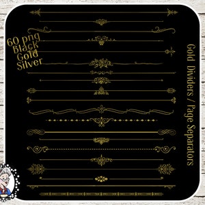 May include: A set of 60 gold, black, and silver divider lines and page separators. The dividers are in a variety of styles, including simple lines, ornate designs, and geometric patterns. The text "Gold Dividers / Page Separators" is on the right side of the image.