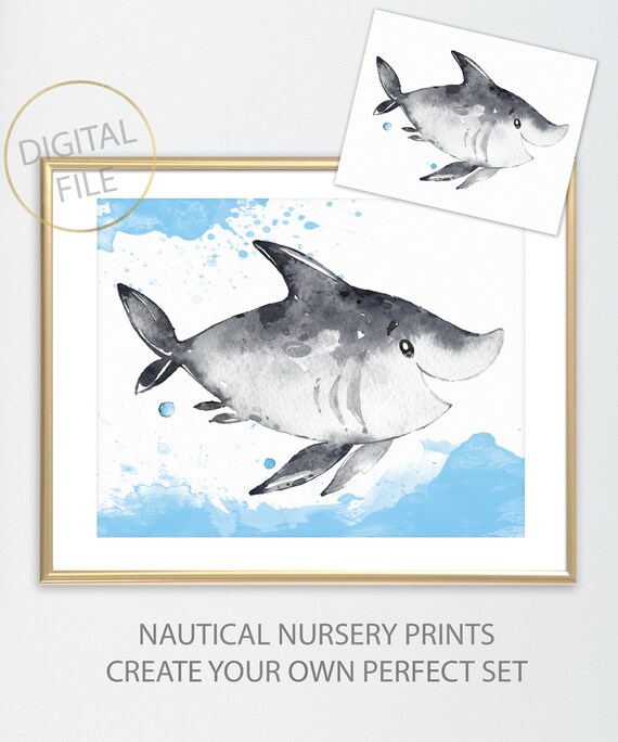Shark Nautical Nursery Print Nursery Bathroom Nautical Etsy