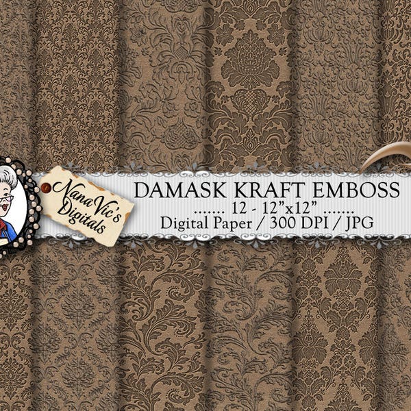 Damask Digital Paper, Kraft embossed seamless wedding backgrounds, Damask texture, Scrapbooking  photography damask back drop Damask pattern