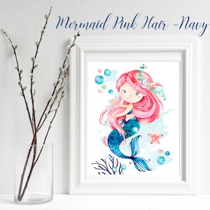 Mermaid Nursery Print, Mermaid Bathroom Decor, Mermaid Wall Art Navy Decor, Mermaid Printables, Little Mermaid, Just for her, Girl Art