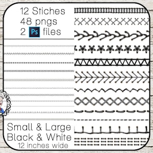 48 Points de couture Clipart, Clipart couture, Bordures de broderie, Point réaliste avec trous, 2 fichiers Ps pour une recoloration facile et des trous séparés