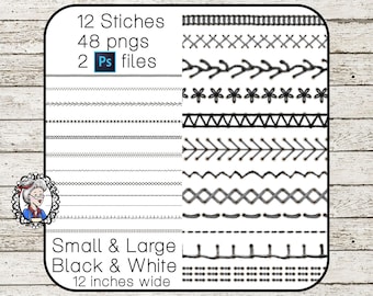 48 Nähen Nähte Clipart, Nähen Clipart, Stickerei Grenzen, realistische Stich mit Löchern, 2 Ps Dateien für einfache Umfärbung & separate Löcher