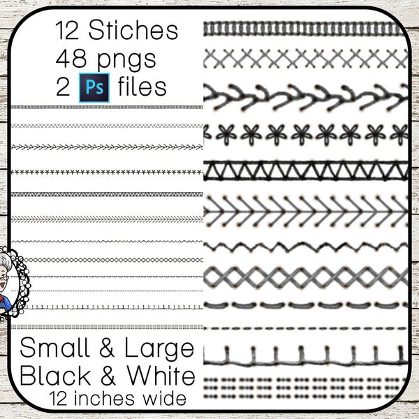 48 Sewing Stitches Clipart, Sewing Clipart, Embroidery borders, Realistic Stitch with holes, 2 Ps files for easy recolour & separate holes