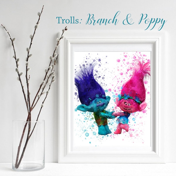 TROLLS; Branch & Poppy Print, Trolls Watercolor, Trolls Nursery Decor, Troll Wall Art, Engagement gift, playroom decor, Branch and Poppy