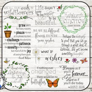 Butterflies & Flowers word art, 10 garden sentiments + 11 coloured Digital Stamps, clip art Scrapbooking and cardmaking Ai PSD