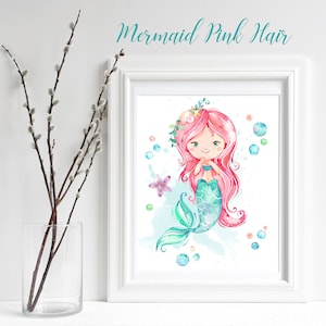 Mermaid Print, Girls Nursery Prints, Mermaid Printable, Girls Bedroom Decor, Mermaid Watercolor Print, Pink Little Mermaid, Mermaid Wall Art