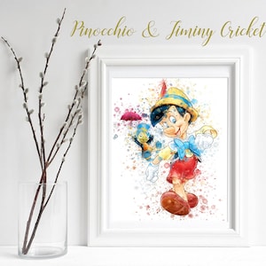 Pinocchio Jiminy Grille Kinderzimmer Druck, Aquarell Pinocchio Poster, Wand Kunst Dekor Baby Wand Kunst Druck Neugeborene Kinderzimmer Junge Pinocchio