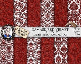 Damask Digital Paper, Red Velvet seamless wedding backgrounds, Damask texture, Scrapbooking  photography damask back drop, Damask pattern