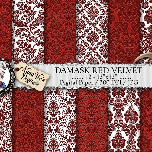 Damask Digital Paper, Red Velvet seamless wedding backgrounds, Damask texture, Scrapbooking  photography damask back drop, Damask pattern