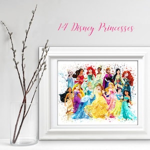 PRINCESS 14 Princesses, Princess Watercolor, Sublimation Princess Nursery, Cinderella Wall Art, Princess Digital Print Girls Room Decor