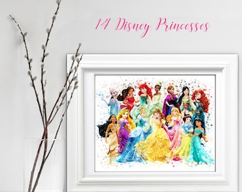 PRINCESS 14 Princesses, Princess Watercolor, Sublimation Princess Nursery, Cinderella Wall Art, Princess Digital Print Girls Room Decor