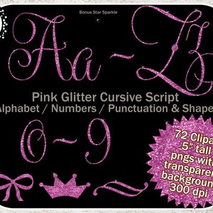 Glitter Alphabet Clipart: Pink Cursive Script Alphabet, Glitter font Clip Art, Glitter Letters, Glitter Numbers, Scrapbooking Clip Art ABC