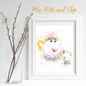 Mrs Potts and Chip Beauty and the Beast Watercolor, teapot watercolour Nursery Wedding Decor Wall Art Romantic Digital Print