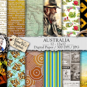 Papier numérique australien; Koala, Kangourou, Fleurs australiennes, Valse Matilda, Plage, Aborigène, Carte au volant vintage, Scrapbooking Background