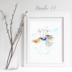 Dumbo #10 Stork Nursery Print, Baby Dumbo Printable, inspired Watercolour Elephant Decor, Dumbo Newborn Gift idea or baby shower gift
