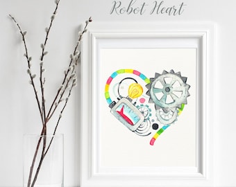 Robot Heart Wall Art, Digital Print, Printable Watercolor Mechanical Heart, Steampunk Gift, Play Room Decor, Kids Robot Art, Geeky Print