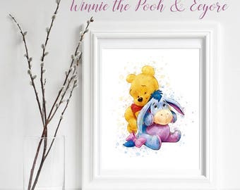 Winnie the Pooh and Eeyore, Watercolor Download, Pooh Bear sublimation, Wall Art Decor Baby Wall Art Print Newborn Nursery Boy / Girl Decor