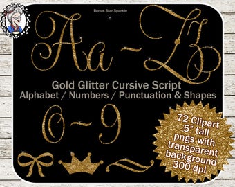 Glitter Alphabet Clipart: Gold Cursive Script Alphabet, Glitter font Clip Art, Glitter Letters, Glitter Numbers, Scrapbooking Clip Art ABC