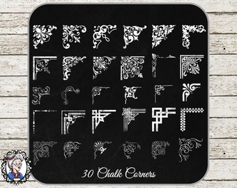 Clipart: 30 Corners in Black White Chalk for Scrapbooking Decorative Calligraphy Photographer Frame Corners - 90 PNG,EPS,PSD