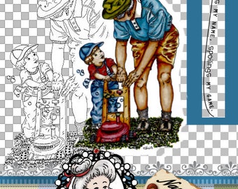 Opa und Kleinkind im Garten, Digitaler Stempel, Strichzeichnung, Clipart, Illustration, Digi, druckbar, ID:NV-DS0036 by Nana Vic