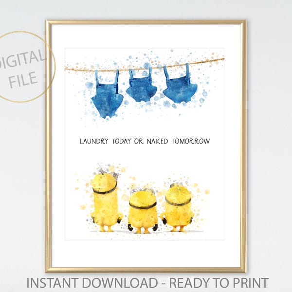 Minions Laundry Sign, Minions Naked, Funny Bathroom Signs, Laundry Print, Bathroom Wall Decor, Laundry Room Art, Minions Watercolor Print