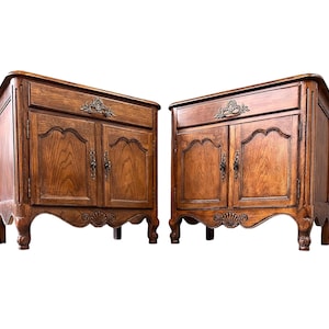 Baker Furniture Pair of French Provincial Oak Two Door Nightstands with One Drawer